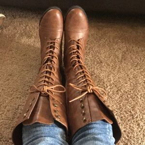 Brown Faux Leather Combat Boots